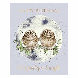 Wrendale Fur Feather And Whiskers Greeting Card Party Owl Night