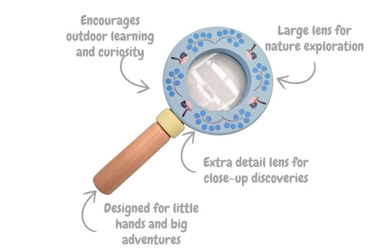 Children's magnifying glass with text highlighting its features on a white background: "encourages outdoor learning" "large lens for nature exploration", "extra detail lens for close-up discoveries", "designed for little hands and big adventures"