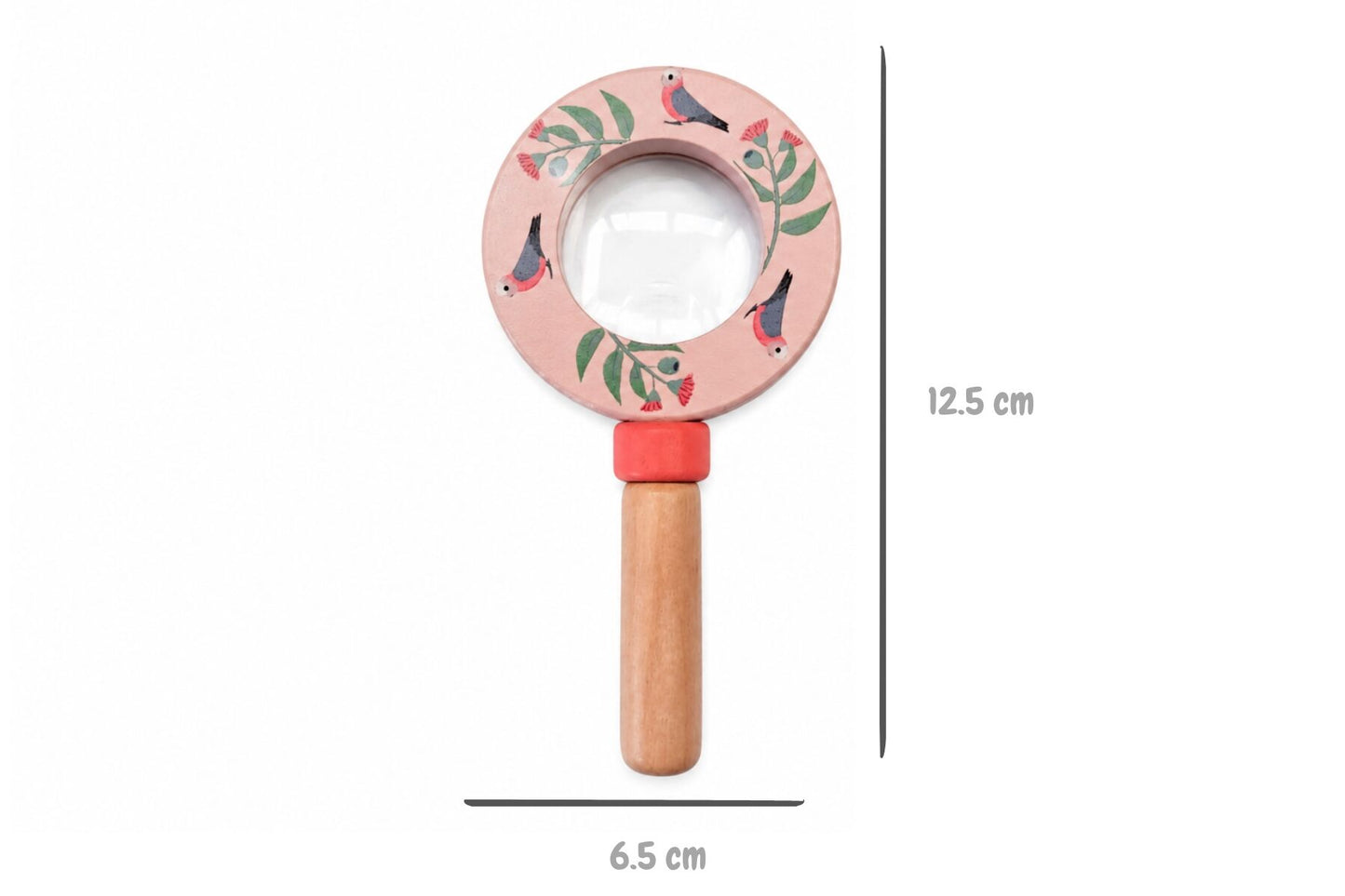 Children's magnifying glass with bird design and wooden handle, shown with measurements on a white background. 12.5cm tall and 6.5cm diameter of the frame