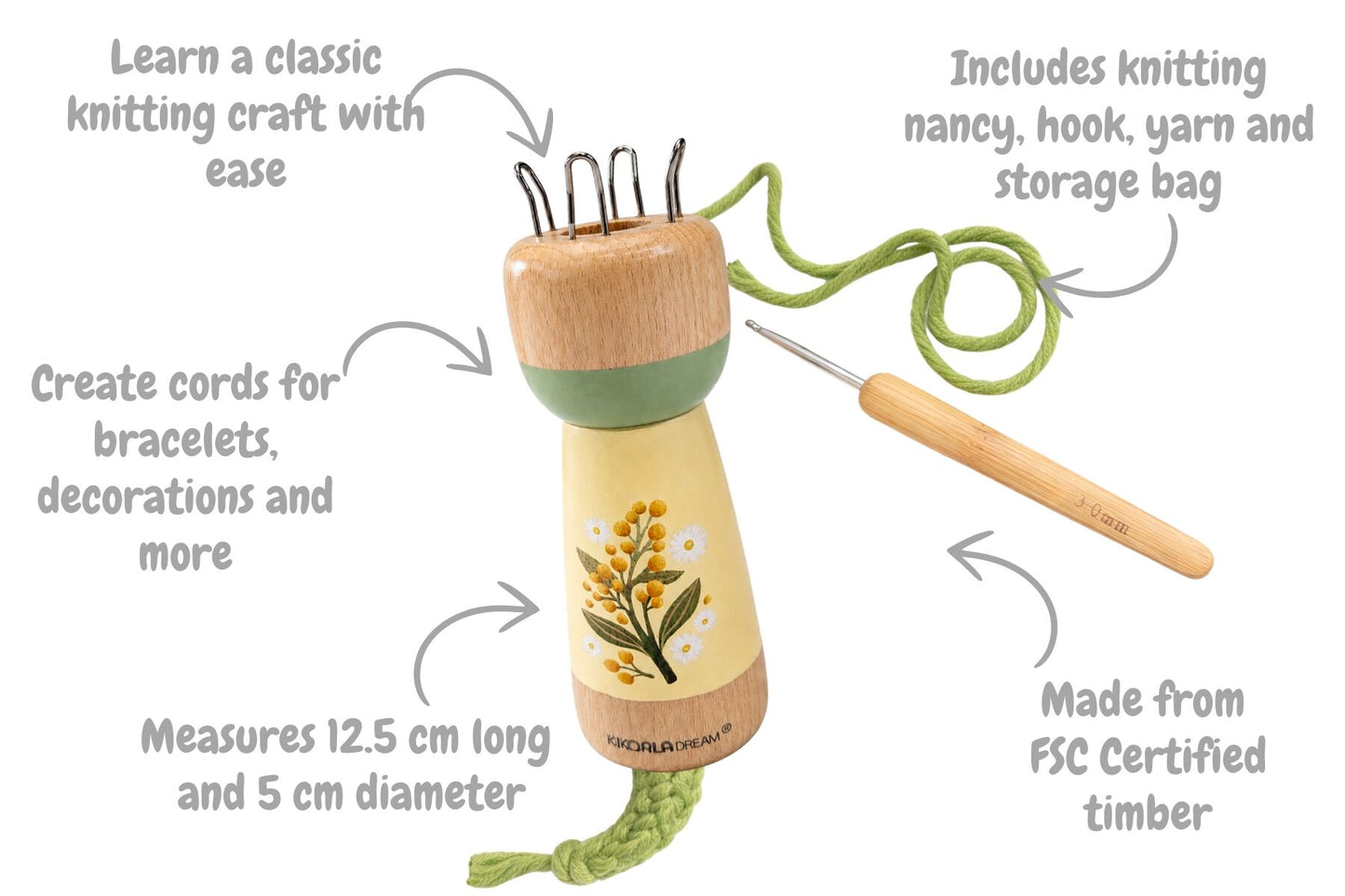 Knitting tool set with wooden handle and floral design, including yarn and hook, on a white background. There are annotated lables: "Learn a classic knitting craft with ease", "create cords for bracelets, decorations and more", "Measures 12.5cm long and 5cm diameter", "includes knitting nancy, hook, yarn and storage bag", "made from FSC Certified timber"