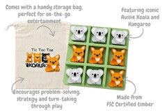 Tic Tac Toe game with koala and kangaroo designs on a white background. The image is annotated with arrrows and descriptions as follows: "Comes with a handy storage bag, perfect for on-the-go entertainment", "featuring iconic Aussie koala and kangaroo", "encourages problem-solving, strategy, and turn-taking through play", "made from FSC Certified timber"