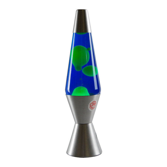 Lava Lamp with Blue Liquid, Yellow Wax on a Silver Stand