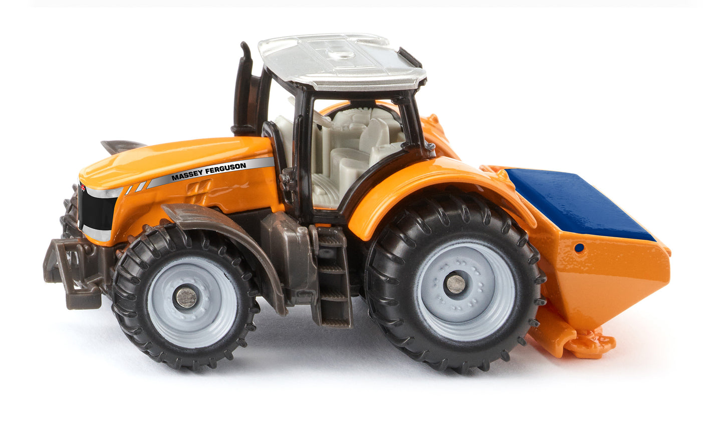 Model tractor with orange and black color scheme on a white background