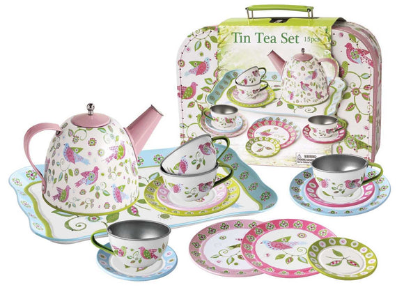 Tin Tea Set with Bird Design In Suitcase