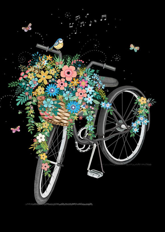 Bug Art Greeting Card Black Background Embossed Flower Bike