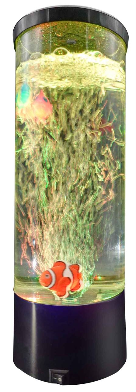 A 29cm Bubble Fish LED Colour Changing Lamp, featuring various tropical fish, with yellow glow, against a white background.