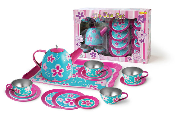 Tin Tea Set with Blue with Pink Flowers Design