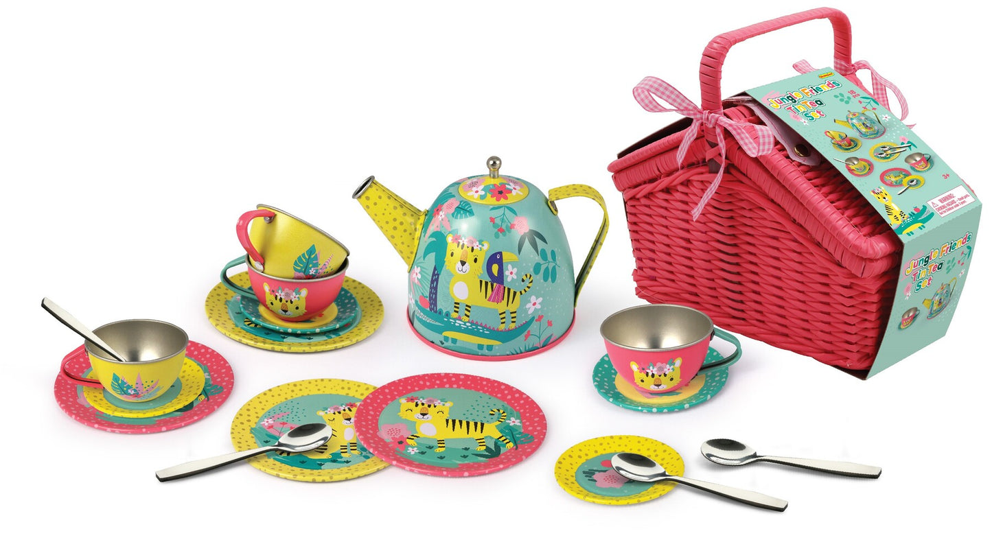 Tin Tea Set with Tiger Design In Picnic Basket