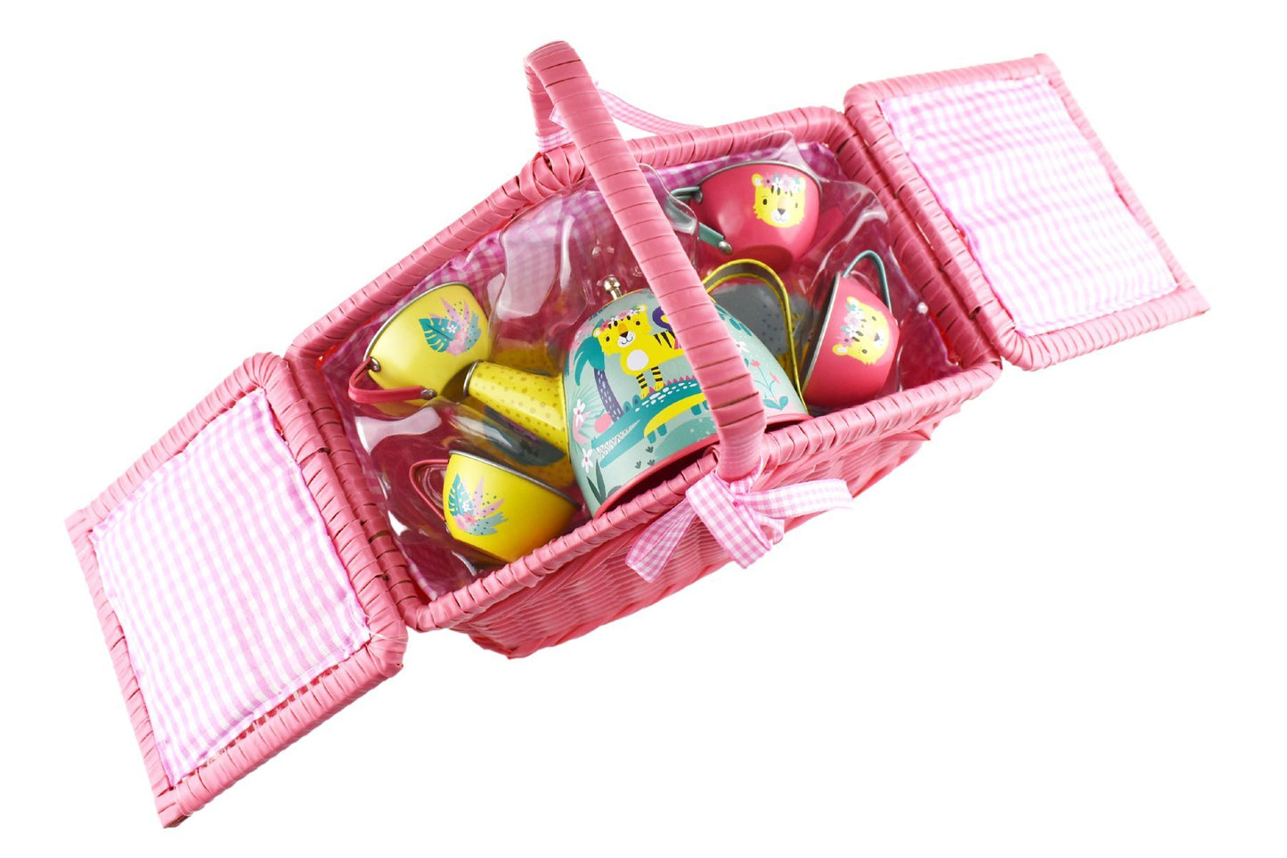 Tin Tea Set with Tiger Design In Picnic Basket