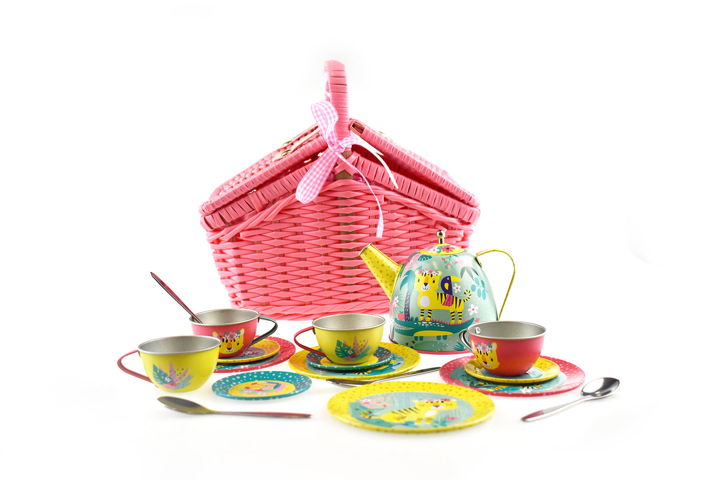 Tin Tea Set with Tiger Design In Picnic Basket