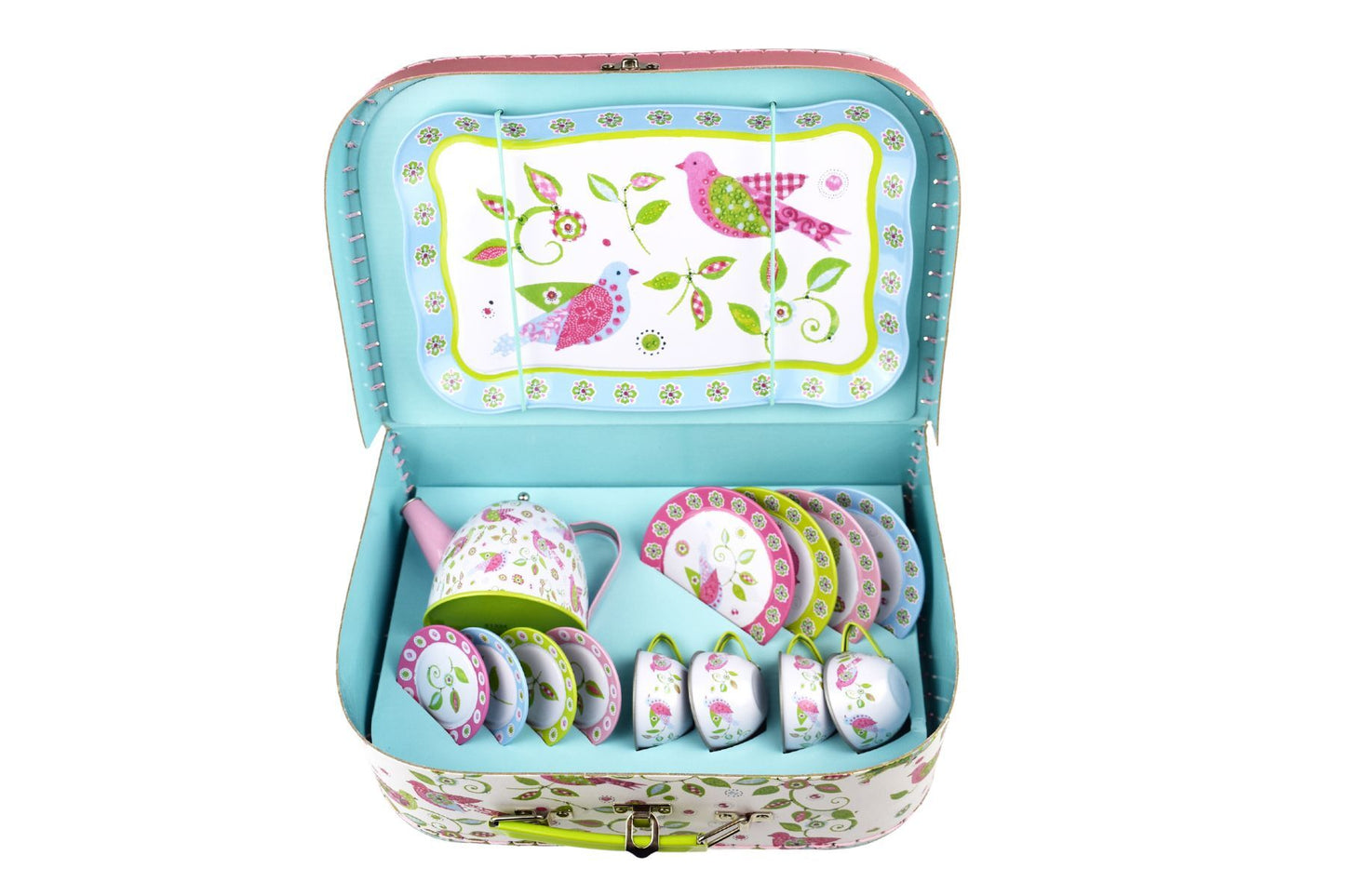 Tin Tea Set with Bird Design In Suitcase