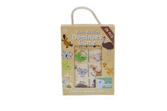Cardboard box containing Bush Buddies Dominoes Game with Australian animal illustrations on a white background