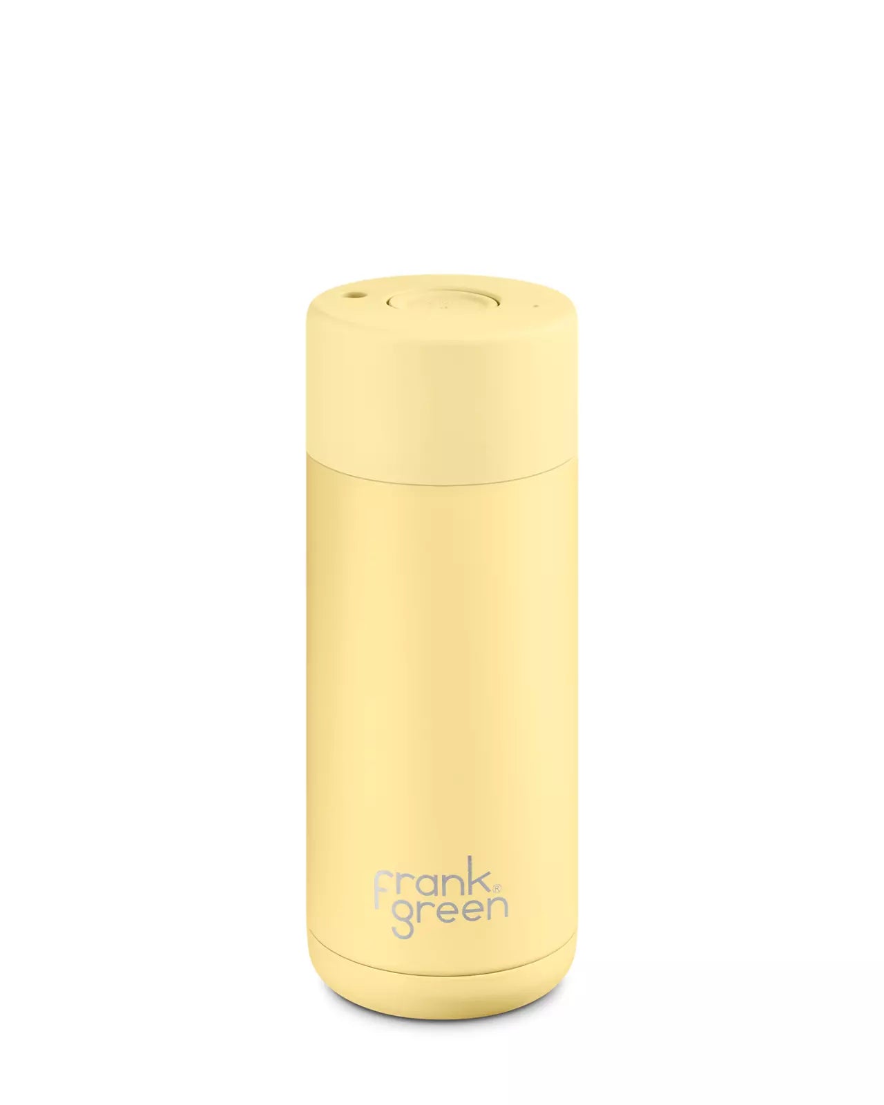 Yellow reusable water bottle with 'frank green' branding on a white background