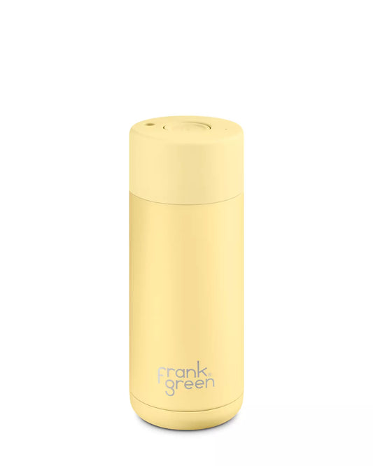 Yellow reusable water bottle with 'frank green' branding on a white background