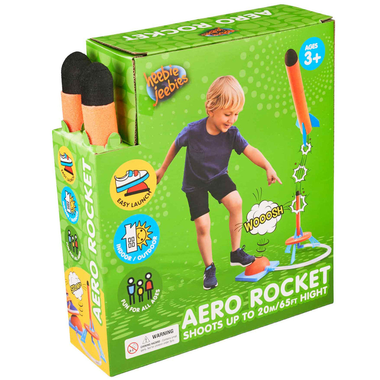 Box of aero rocket toy with a child playing with it on a green background