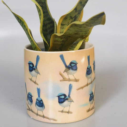 Blue Wren Planter Blue and Yellow 14cm