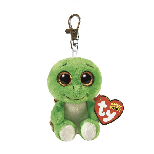 Green plush turtle from Beanie Boos with a keychain clip on a white background