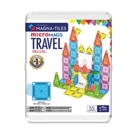 Magna-Tiles microMAGS Travel Deluxe set packaging with colorful magnetic tiles on a white background