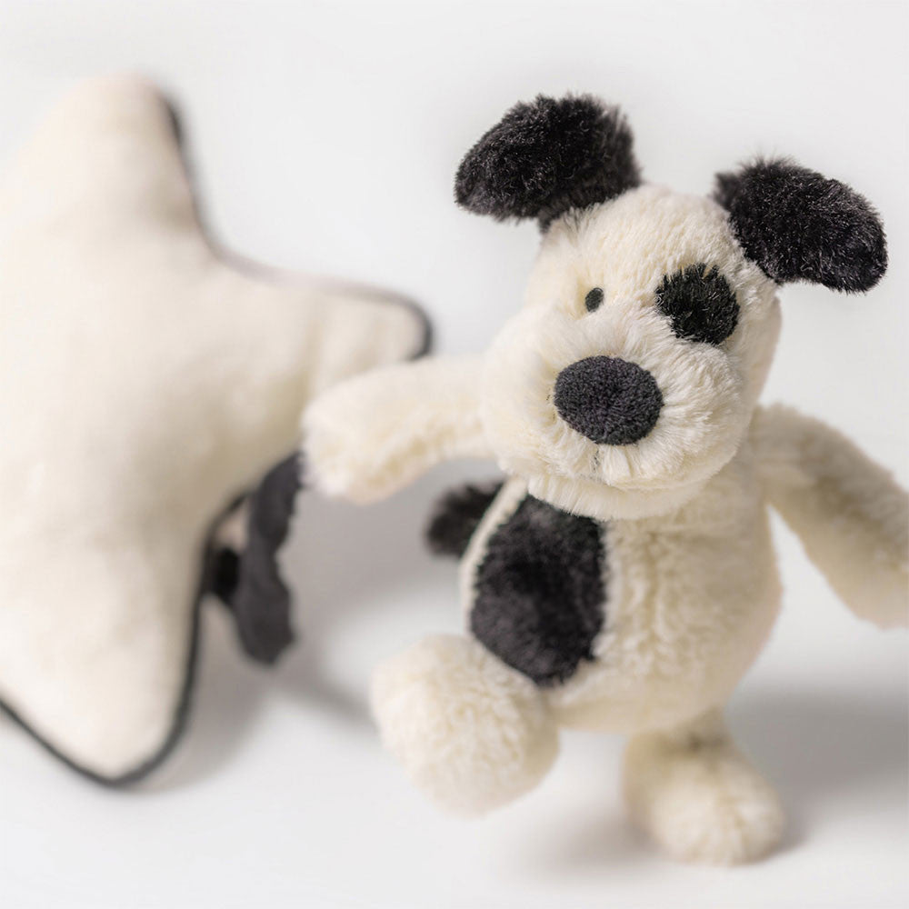 Jellycat Bashful Black and Cream Puppy Music Pull Toy