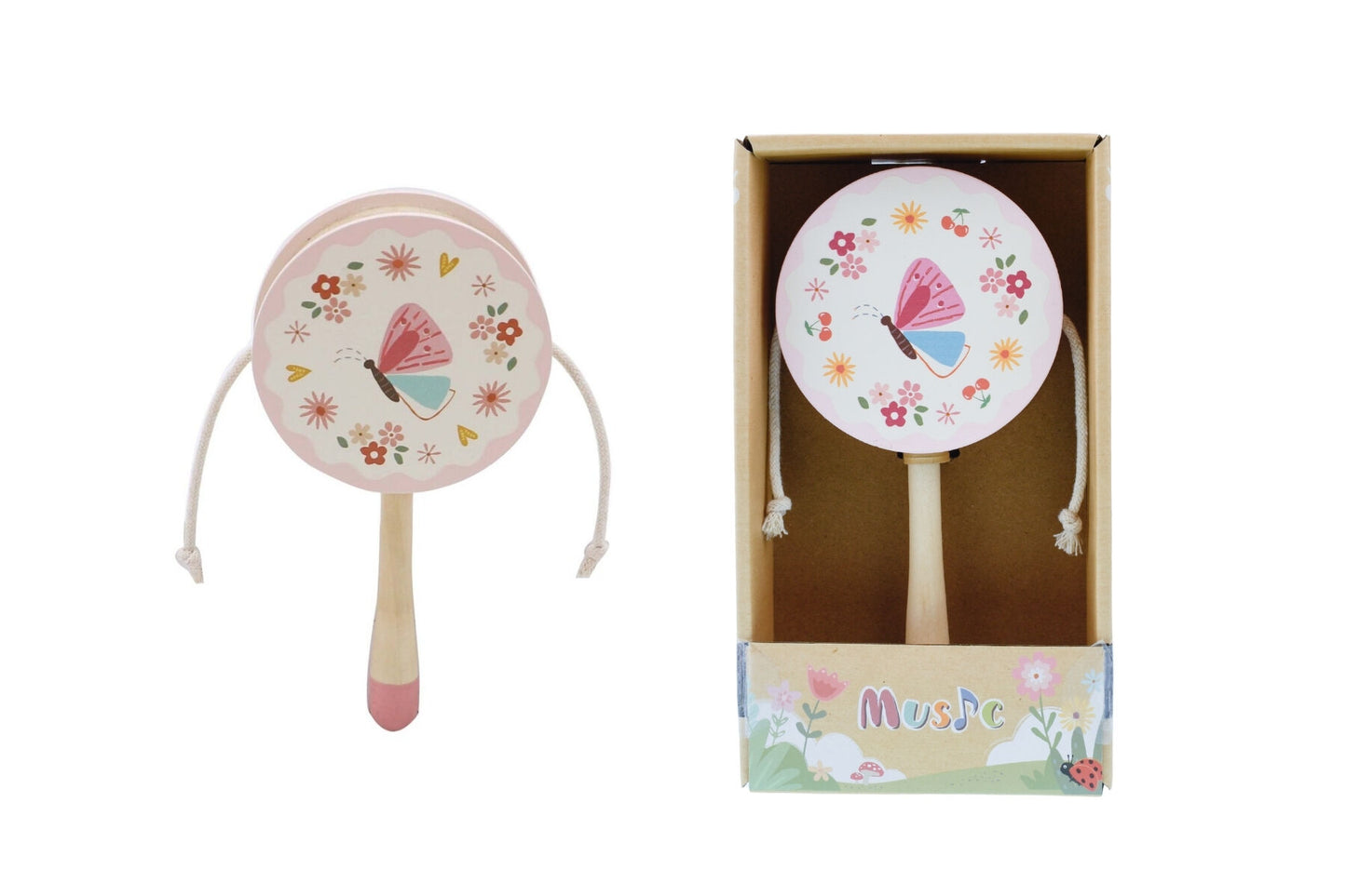 Kaper Kidz Wooden Twist Drum with Butterfly or Bee Design