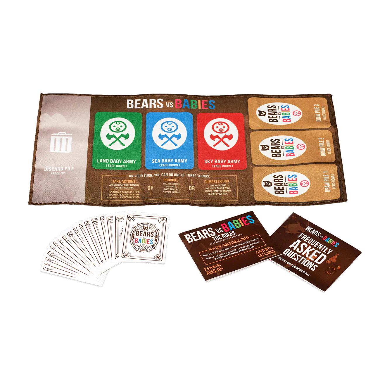 Bears vs Babies cards laid out – monster parts, baby cards, weapons