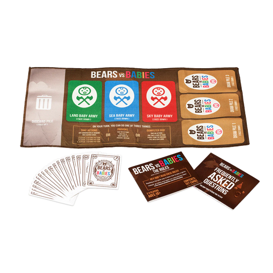 Bears vs Babies cards laid out – monster parts, baby cards, weapons