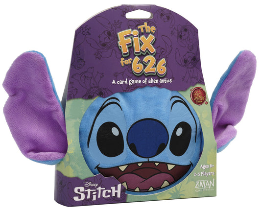 Box cover of Disney Stitch: The Fix for 626 featuring Stitch, Lilo & friends, with plush bag, cards, tokens and game components displayed