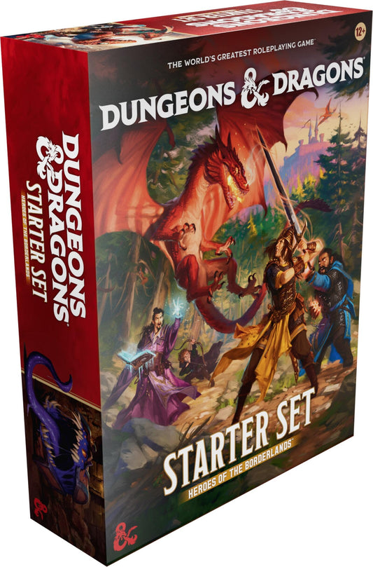 Dungeons & Dragons Starter Set Heroes of the Borderlands box featuring fantasy artwork with heroes ready for adventure, includes rulebook, dice, and character sheets.