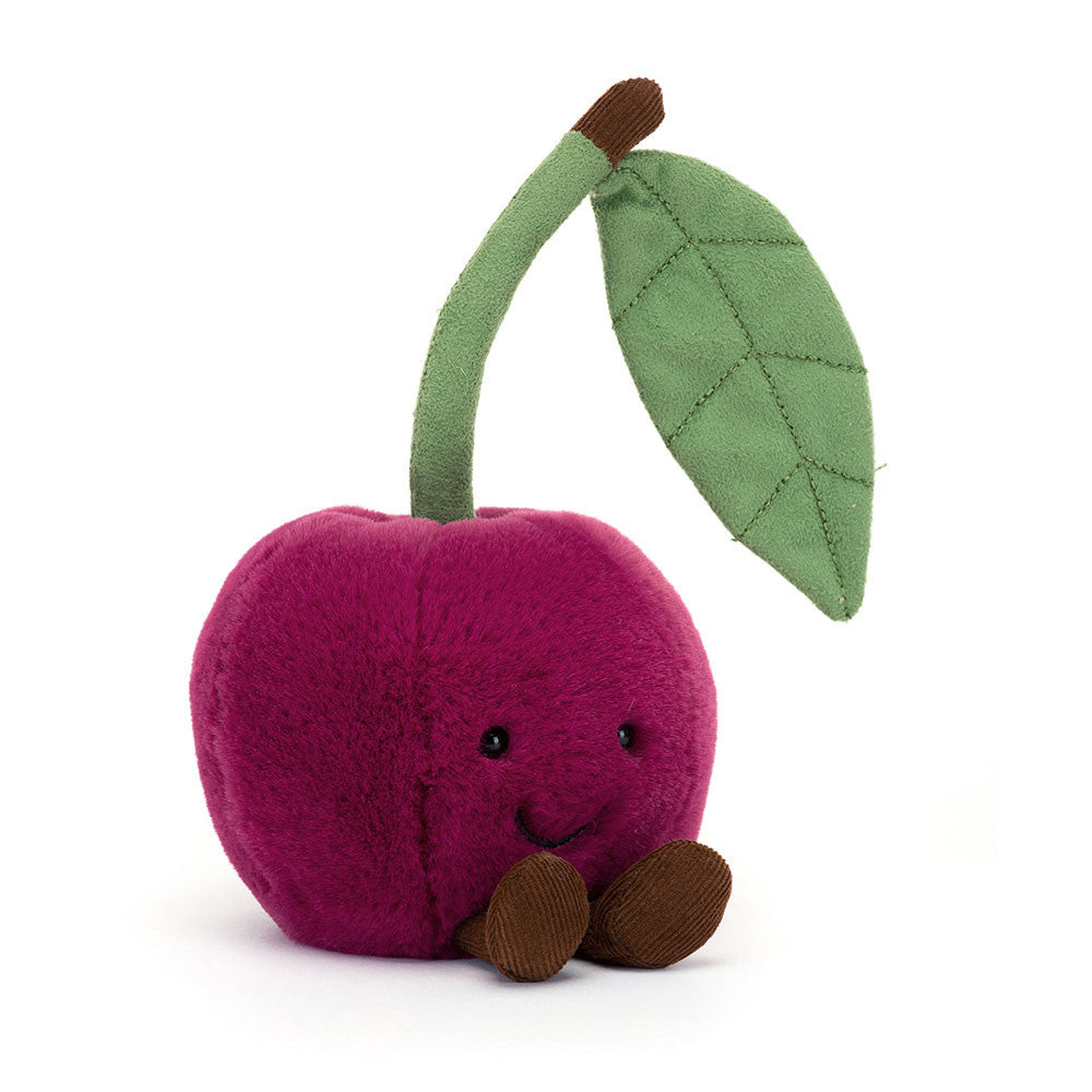 Jellycat Amuseables Cherry plush – front view, smiling face, magenta body with green leaf