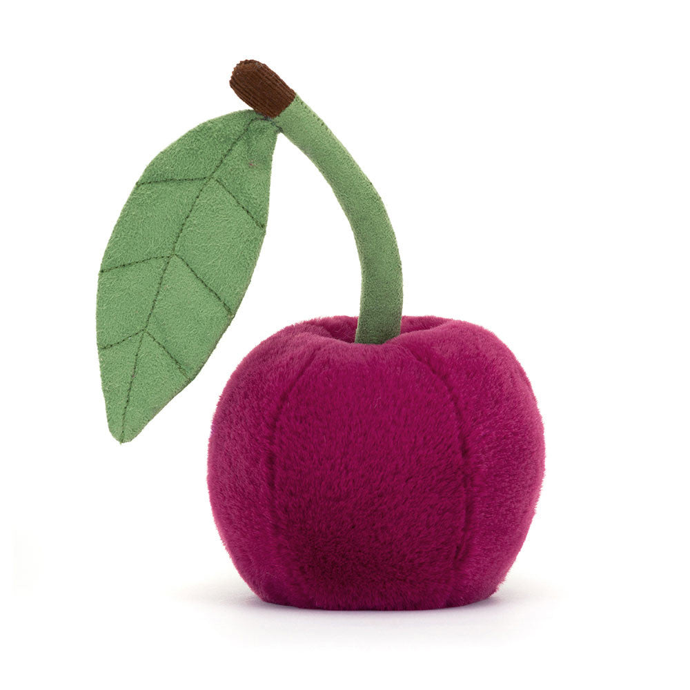back view of Jellycat Amuseables Cherry – showing stalk detail and leaf