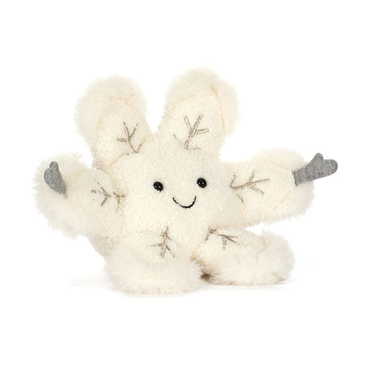 Jellycat Amuseables Snowflake plush with embroidered silver arms, stitched smile, and soft cream fur — front view.