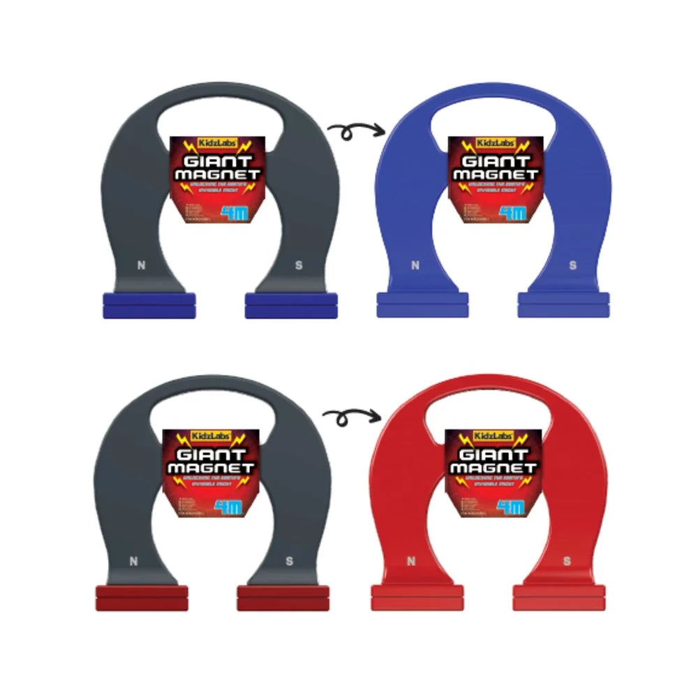 Four giant 4M KidzLabs Giant horseshoe magnets showing reverse sides of the Blue and red magnets with their packaging on a white background.