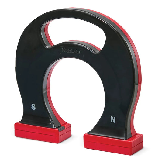 4M KidzLabs Giant horseshoe magnet with red bases and black middle section on a white background.