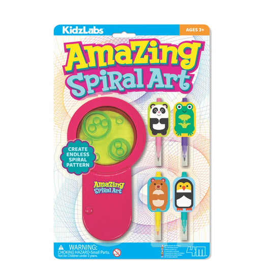 4M Kidzlabs Amazing Spiral Art showing spiral art device with additional components in packaging against white background.