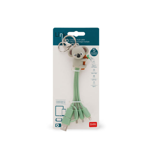 Packaged charging cable with a keychain in the shape of a koala from Legami on a white background