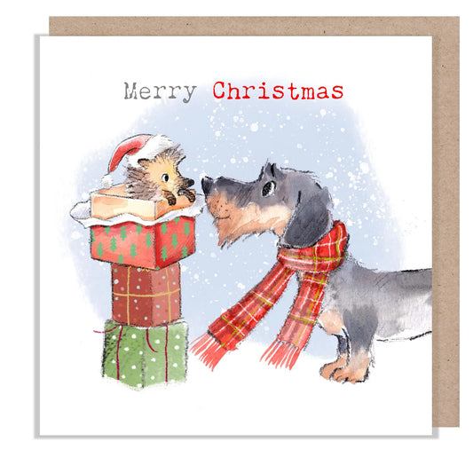 Paper Shed Design Dog in Scarf and Hedgehog Christmas card”