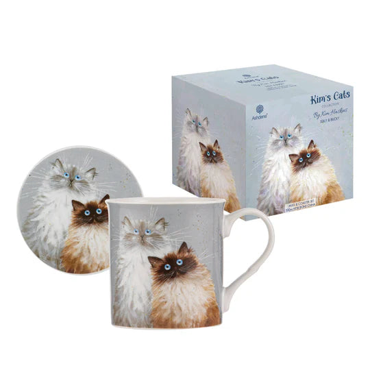 Ashdene Kim's Cats Sully and Bucky Bone China Mug and Coaster Set