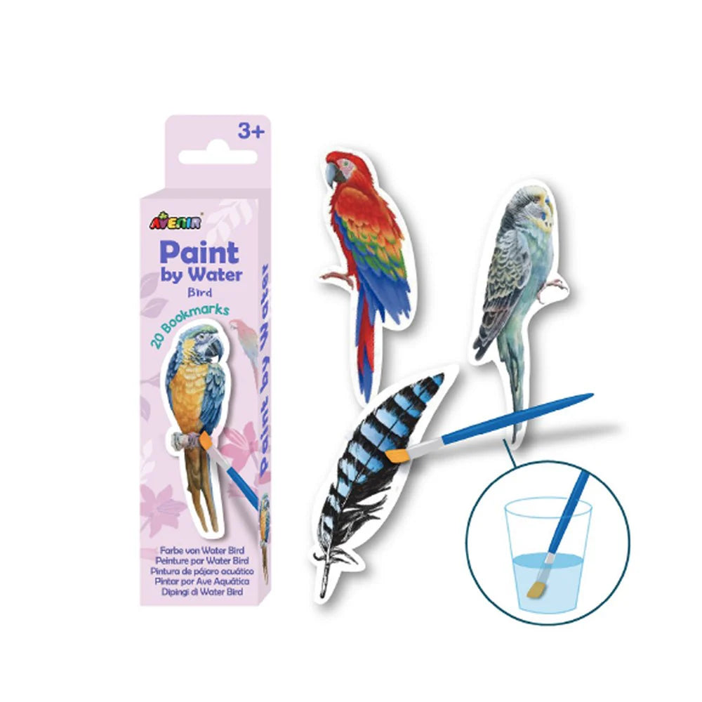 Set of bird-themed paint by water bookmarks with Avenir Paint By Water Bookmarks Bird packaging on a white background
