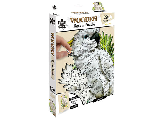 128pc Puzzle Master Wooden jigsaw puzzle packaging with a cockatoo illustration on a white background