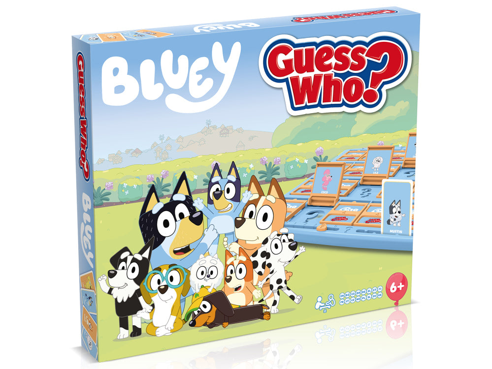 “Bluey Guess Who? board game box showing Bluey characters and game set – family board game for kids aged 6 and up.”