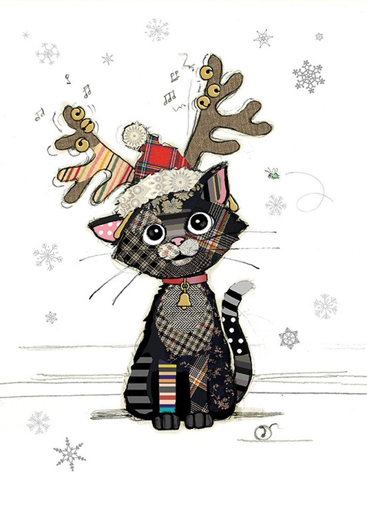 Bug Art Kitten Antlers Christmas greeting card with festive cat illustration