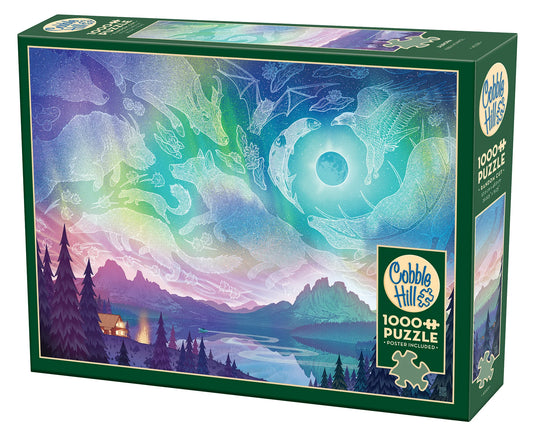 Cobble Hill 1000pc Jigsaw Puzzle Aurora  box with a colorful abstract design and mountain landscape