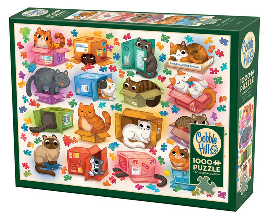 Cobble Hill 1000pc Jigsaw Puzzle Cats vs Puzzles  box with cat-themed pieces on a white background