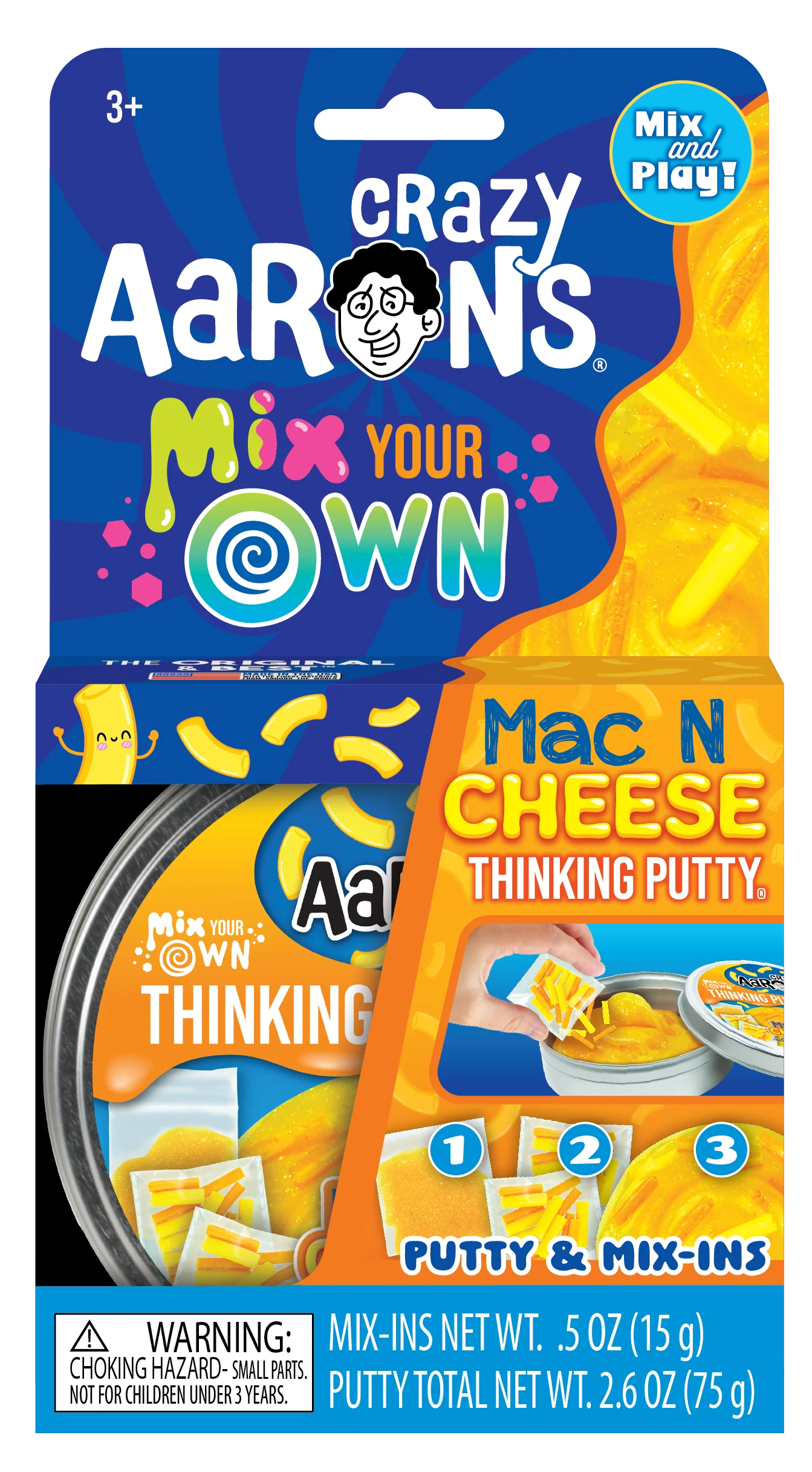 Crazy Aaron’s Thinking Putty Mix Your Own Mac N Cheese kit with colourful mix-ins and yellow sensory putty.