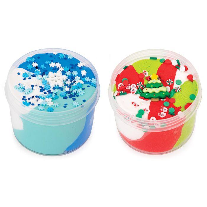 Two containers of slime, one blue with snowflake decorations and the other red with Christmas-themed decorations, on a white background.