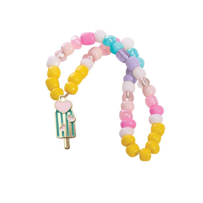Colorful beaded bracelet with a popsicle charm on a white background