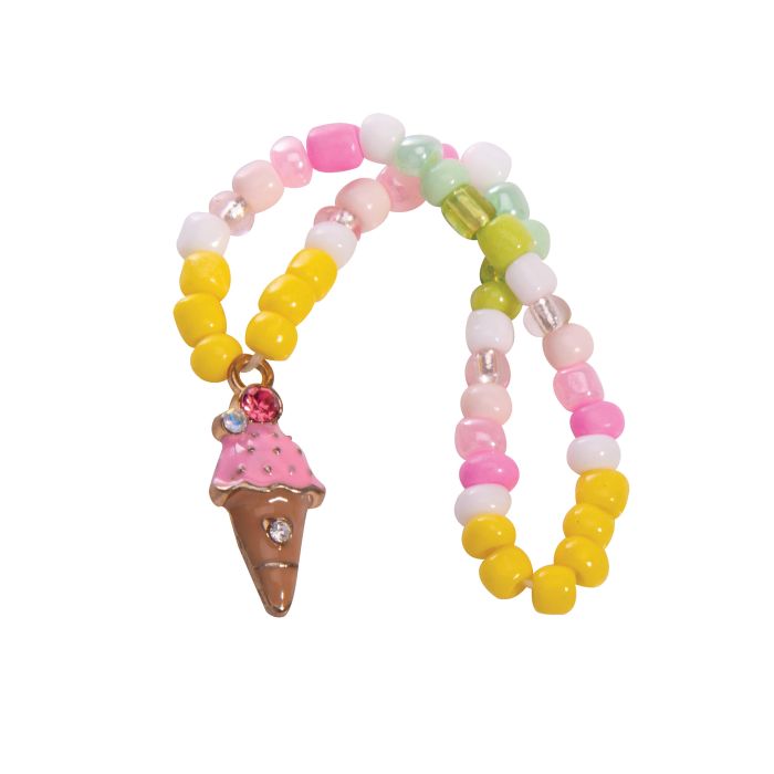 Colorful beaded bracelet with ice cream cone charm on a white background
