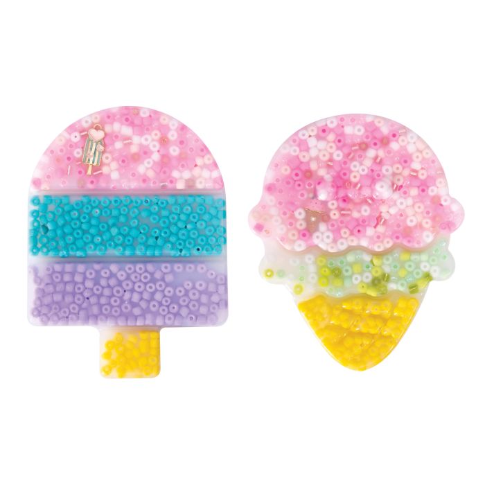 Two colorful ice cream cone and popsicle-shaped objects with bead details on a white background.