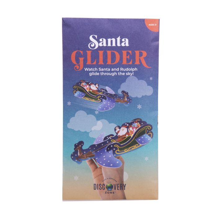 Packaging for Discovery Zone Soaring Santa Glider foam flying toy in festive design