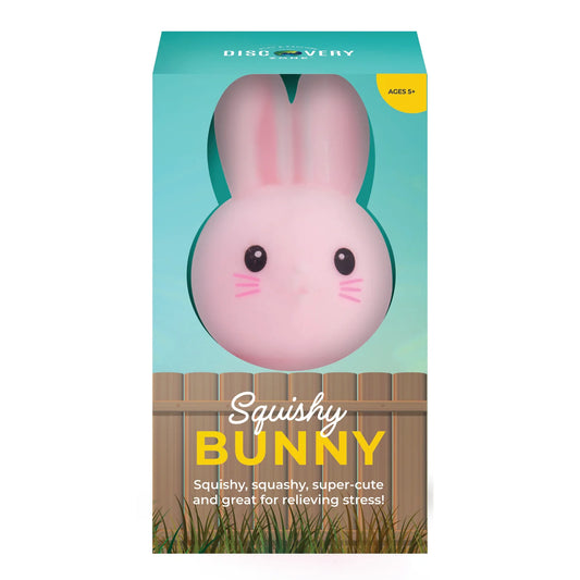 Squishy Bunny stress relief toy from Discovery Zone in blue, brown and green packaging, against a white background.